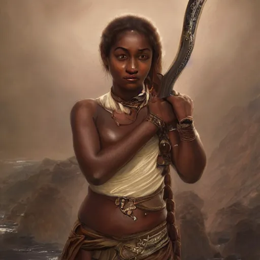 Image similar to artstation concept of a beautiful girl holding a sword in both hands, brown skin, sweaty skin, symmetrical face, casual white garment, brown canyon background, shiny colorful, hyperdetailed, artstation trending, world renowned artists, worth1000.com, historic artworks society, antique renewel, cgsociety, by greg rutkowski, by Gustave Dore, Deviantart