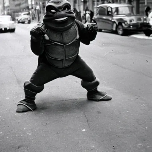 Image similar to Beautiful Portrait Photograph from 1950s of a ninja turtle in the middle of a New York street,