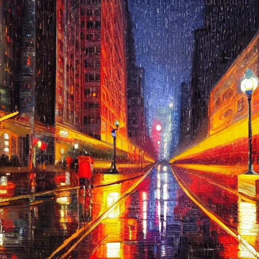 Prompt: rainy night in the streets of chicago, oil on canvas, masterpiece, dramatic pose, beautiful lighting, sharp details, hyper - detailed, hd, hdr, 4 k, 8 k