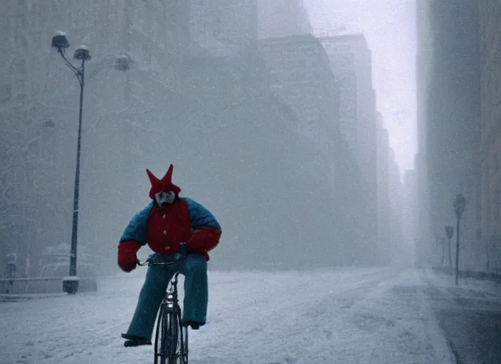 Image similar to A very high resolution image from a new movie, a clown riding a bike in a blizzard in New York City, Polaroid, directed by Steven Spielberg