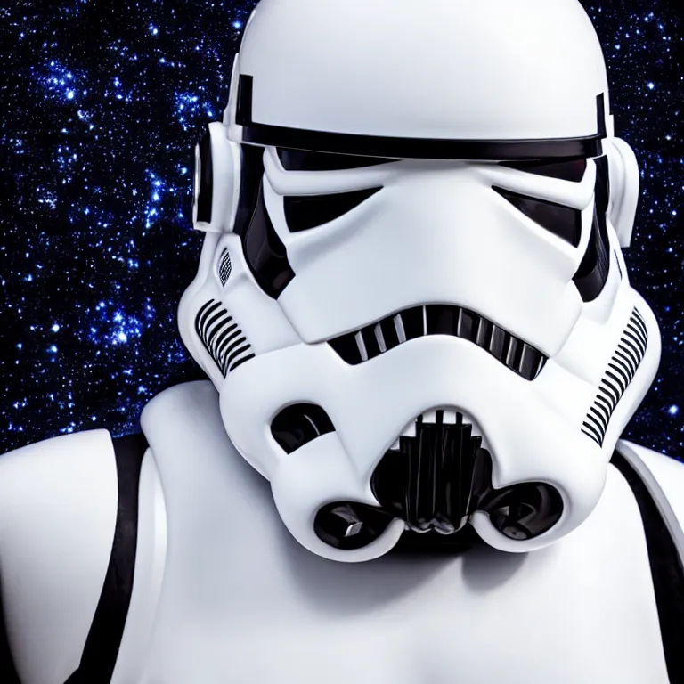 Prompt: stormtrooper darth vader hybrid from star wars, high quality portrait photoshoot, bokeh, studio lighting, high fashion photoshoot, nebula space background, 8 k