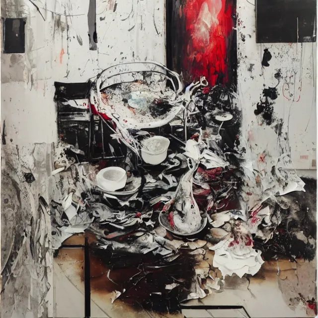 Image similar to a female artist's apartment, sensual portrait of a woman sleeping, cracked handmade japanese pottery vase, torn paper smouldering smoke, candles, white flowers on the floor, puddle of water, octopus, squashed berries, neo - expressionism, surrealism, acrylic and spray paint and oilstick on canvas