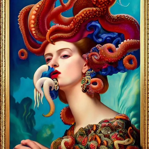 Prompt: dynamic composition, a painting of a woman with hair of octopus tentacles and ( brightly - colored - corals ), wearing ornate earrings, a surrealist painting by tom bagshaw and jacek yerga and tamara de lempicka and jesse king, underwater, featured on cgsociety, pop surrealism, surrealist, dramatic lighting, pre - raphaelite, ornate gilded details