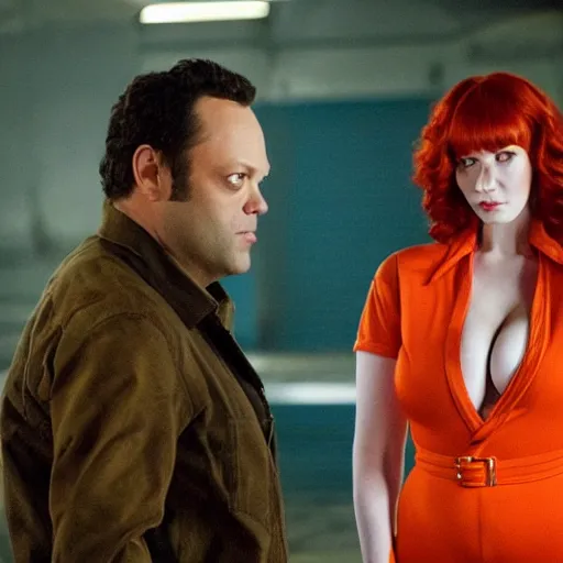 Image similar to vince vaughn as jack fenton, he is wearing an orange coveralls bodysuit with a big sci - fi gun belt, and christina hendricks as maddie fenton, she is wearing a tight teal coveralls bodysuit with a big sci - fi gun belt, movie photo, spooky netflix still shot, they are looking for ghosts