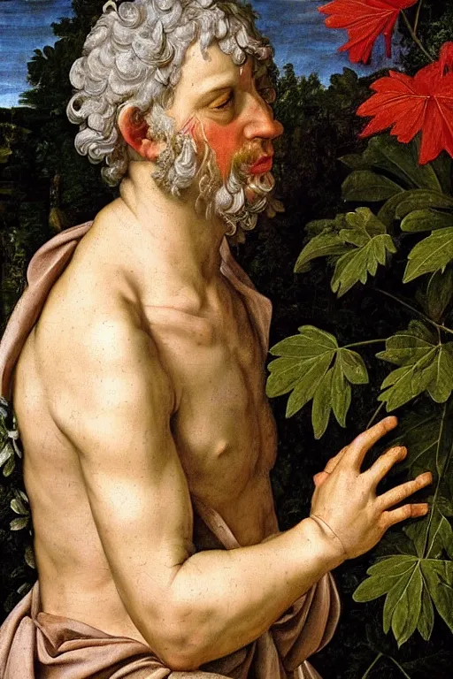 Image similar to renaissance painting of elder in the garden, closeup, short silver hair, face with scars, emotions closeup, dressed in roman armour, the beautiful garden with larch leaves everywhere, ultra detailed, art by Guido Reni style, Vincenzo Catena style