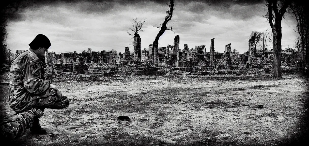 Image similar to “sad soldier, sitting alone, smoking a cigarette, looking at the ruins of his city from a hill”