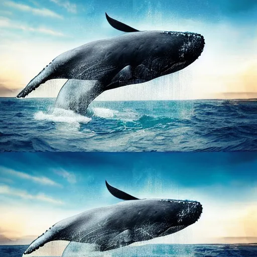 Image similar to photomanipulation of a huge whale that has tiny fairy wings