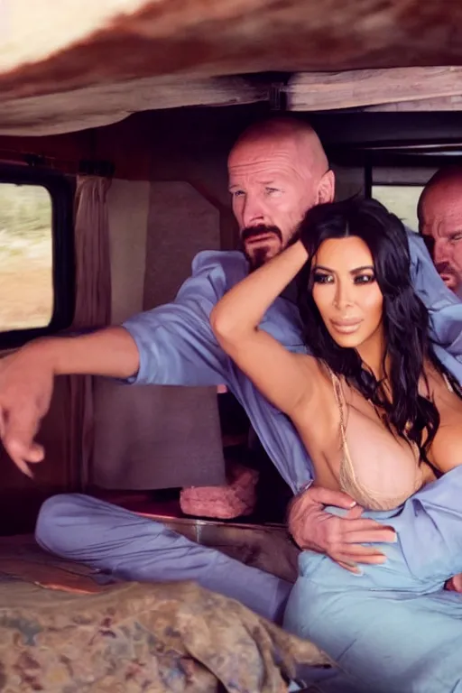 Image similar to film still of kim kardashian put in a headlock by walter white, inside an old rv on the tv show breaking bad, full-shot, 4k