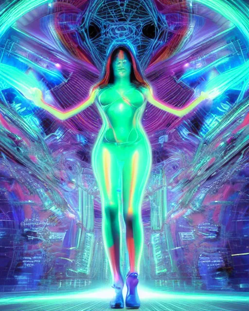 Image similar to a powerful energy psychedelic matrix woman, by alexander fedosav, hyper detailed digital matte painting, concept art, hyperrealism, 1 6 k resolution, cinema 4 d, 8 k resolution, trending on artstation, behance hd, a masterpiece, by stephan martiniere, particles, cel - shaded, power bright neon energy, by david a. hardy,