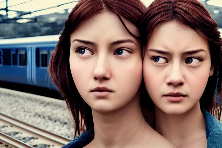 Image similar to vfx movie closeup couple in a train station flat color profile low - key lighting award winning photography arri alexa cinematography, beautiful natural skin, symmetrical face, atmospheric cool color - grade