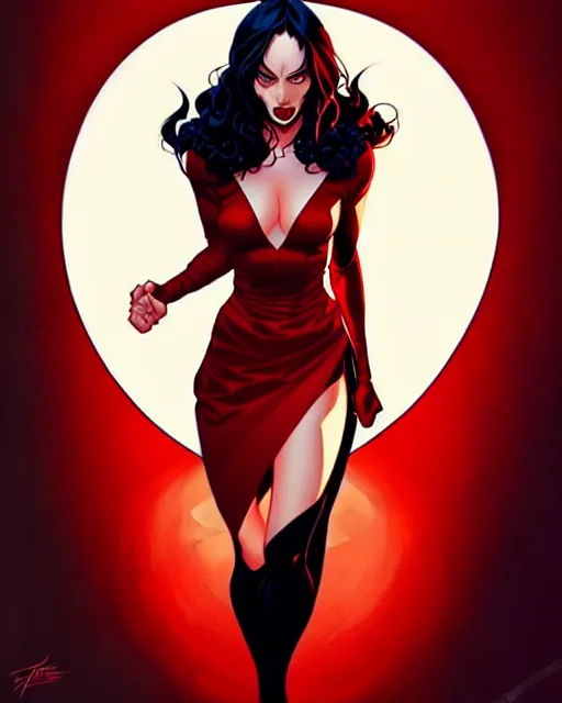 Image similar to artgerm, joshua middleton comic cover art, full body pretty megan fox vampire sharp teeth, red dress, symmetrical eyes, symmetrical face, long curly black hair, dark castle background background, cinematic lighting