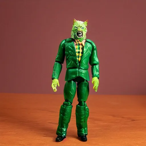 Image similar to plastic wolfman action figure with faded green face dressed in a plaid suit. 1 9 7 9 vintage