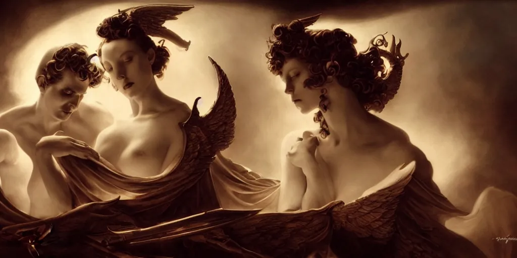 Prompt: Angels and demons, by Rolf Armstrong and Evelyn De Morgan and Bastien Lecouffe-Deharme, dramatic lighting, high contrast colors, baroque, empyrean, panoramic view, as trending on Artstation, highly detailed, doom engine,
