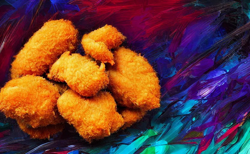 Image similar to chicken nugget, digital painting, expressionistic, intricate detail, meticulous brush strokes, genius composition, masterpiece, work of art, 4k wallpaper