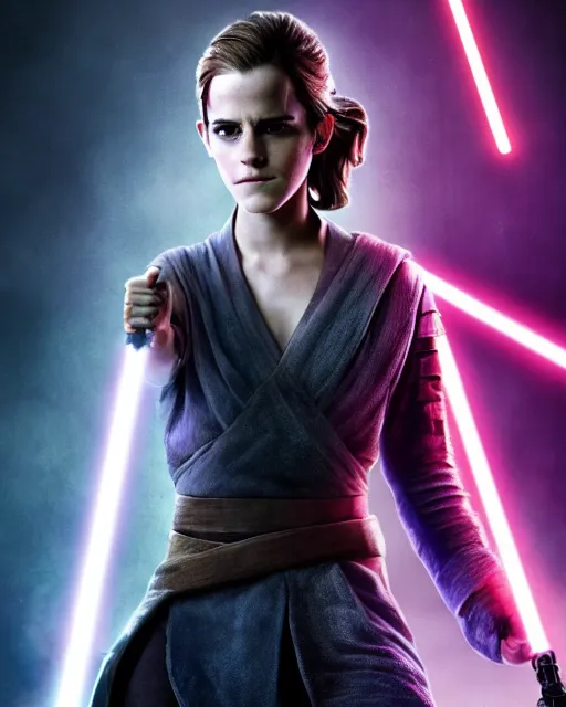 Image similar to emma watson as a jedi with ripped and damaged clothes holding a purple lightsaber in her hands, very dark background, official star wars episode xii movie poster, perfect symmetrical face, moody lighting, 8 k, shallow depth of field, intricate detail,