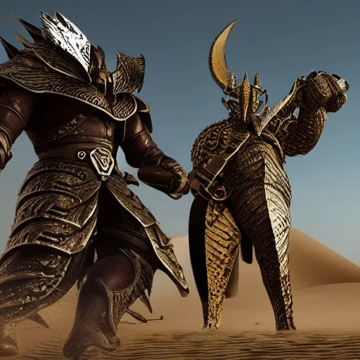 Image similar to great warrior with edgy armor facing a giant monster in black desert sands. Hyper realistic. High intricate details. Photo realistic. Hyper details.