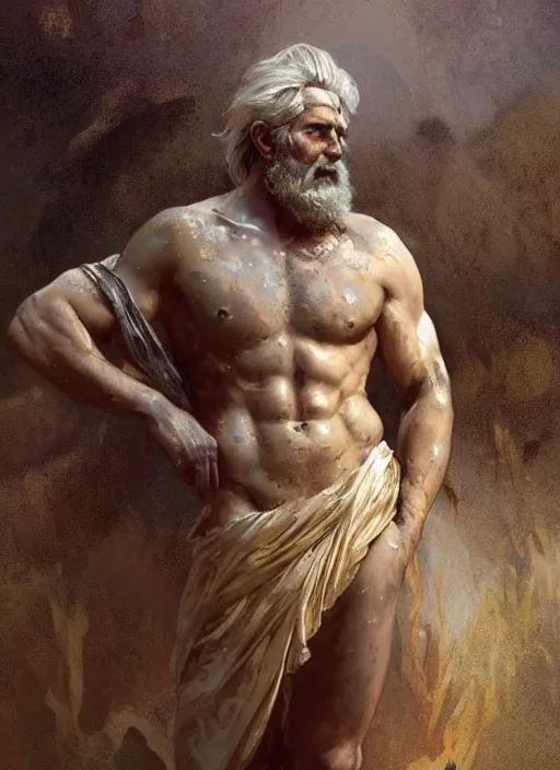 Prompt: painted back portrait of rugged zeus greek god by greg rutkowski craig mullins art germ alphonse mucha, messy gold body paint over the back and his arms, white hair handsome muscular upper body mature warm tone bulging bubble flowing robe [ ancient greek motifs ] background fantasy intricate elegant detailed digital painting concept art artstation sharp focus illustration