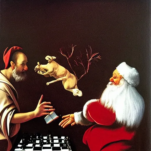 Prompt: Father Christmas playing chess with the Easter bunny Painted by Caravaggio