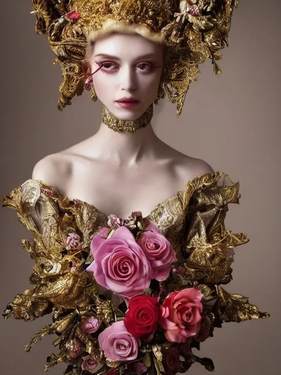 Prompt: a 65mm fashion headshot portrait of a catholic veiled Princess who has rococo dramatic headdress with roses,by Annie Stegg and Jovana Rikalo and VICTOR NIZOVTSEV and Nekro and Billelis, GUCCI,DIOR,avian-inspired,beaded embroidery,trending on pinterest,hyperreal,Kintsukuroi,gold,maximalist