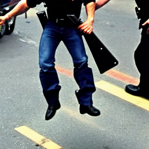 Prompt: tom cruise jumping on a pogo stick getting arrested