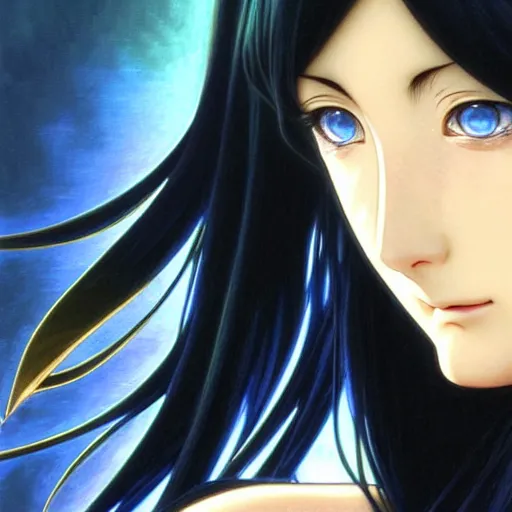 Image similar to intricately detailed vfx portrait of nico robin by eiichiro oda!, makoto shinkai, alphonse mucha, art by artgerm and greg rutkowski!, blue eyes!!, large aquiline nose!!, best of behance, concept art, matte, sharp focus, adolphe bouguereau, annie leibovitz, stanley kubrick,