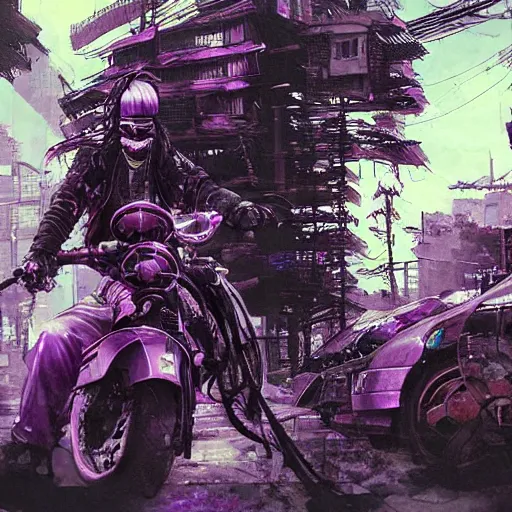 Image similar to portrait painting of a street samurai with long purple hair riding a motorcycle through a burning cyberpunk slum, glitch, concept art, intricate details, eerie, highly detailed, art by tsutomu nihei