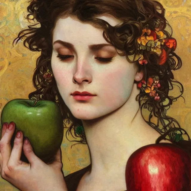 Image similar to an aesthetic! detailed close - up portrait of an aesthetic woman crying mournfully while holding an apple, by frank frazetta and alphonse mucha, oil on canvas, bright colors, art nouveau, epic composition, dungeons and dragons fantasy art, hd, god - rays, ray - tracing, crisp contour - lines, huhd - 8 k