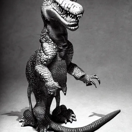 Image similar to scp - 6 8 2 : hard - to - destroy reptile wearing a french maid outfit, by ray harryhausen