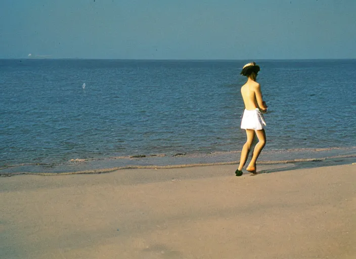 Image similar to 90's Professional Color Photography, Nikon, A girl in white walking on the beach, Summer