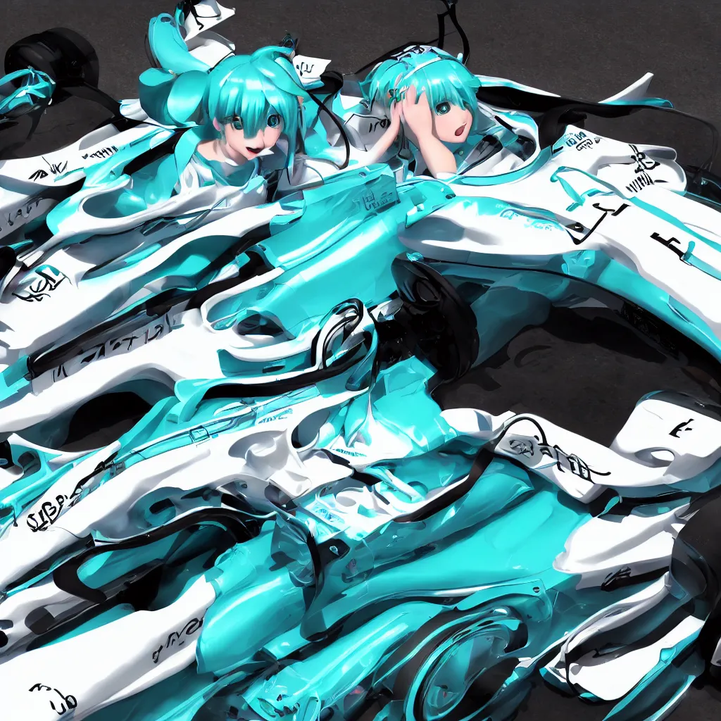 Image similar to hatsune miku driving an f 1 racecar photorealistic high resolution