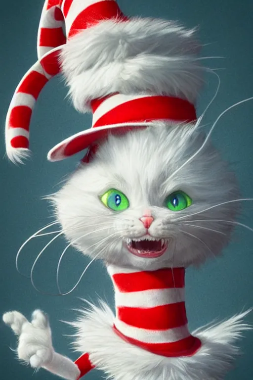 Prompt: complex 3 d render, hyper detailed, ultra sharp, of the cat in the hat, scary, cinematic, natural soft light, rim light, octane render, artstation, art by artgerm and greg rutkowski, dr seuss