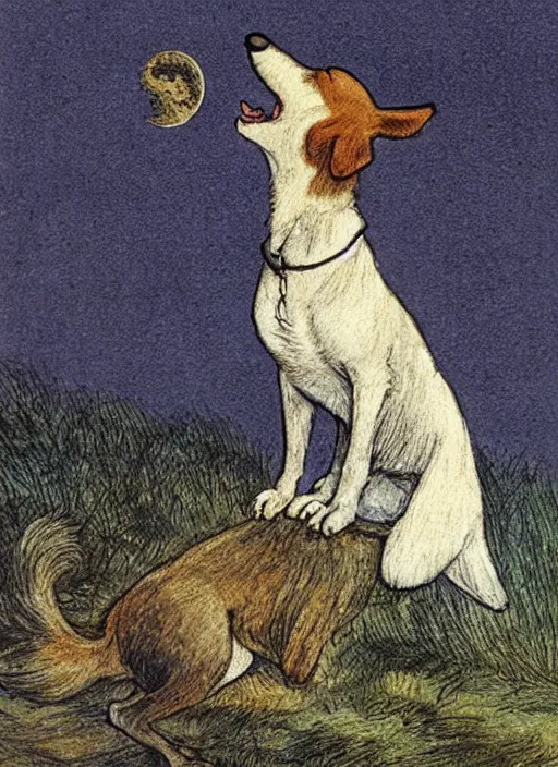 Image similar to jack russel dog howling at the moon, illustrated by peggy fortnum and beatrix potter and sir john tenniel