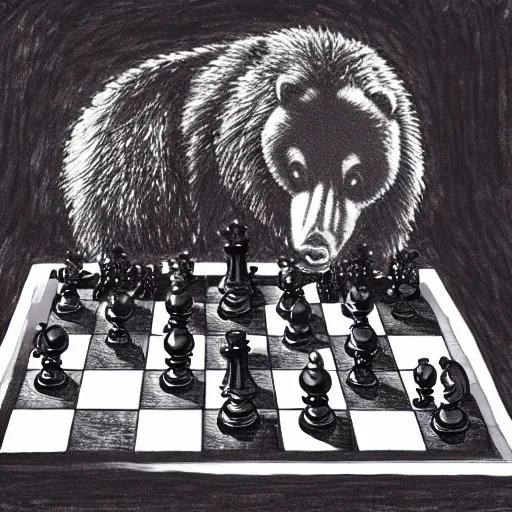 Image similar to jerry garcia and a bear playing chess, drawing by mc escher, hyper realistic, volumetric lighting