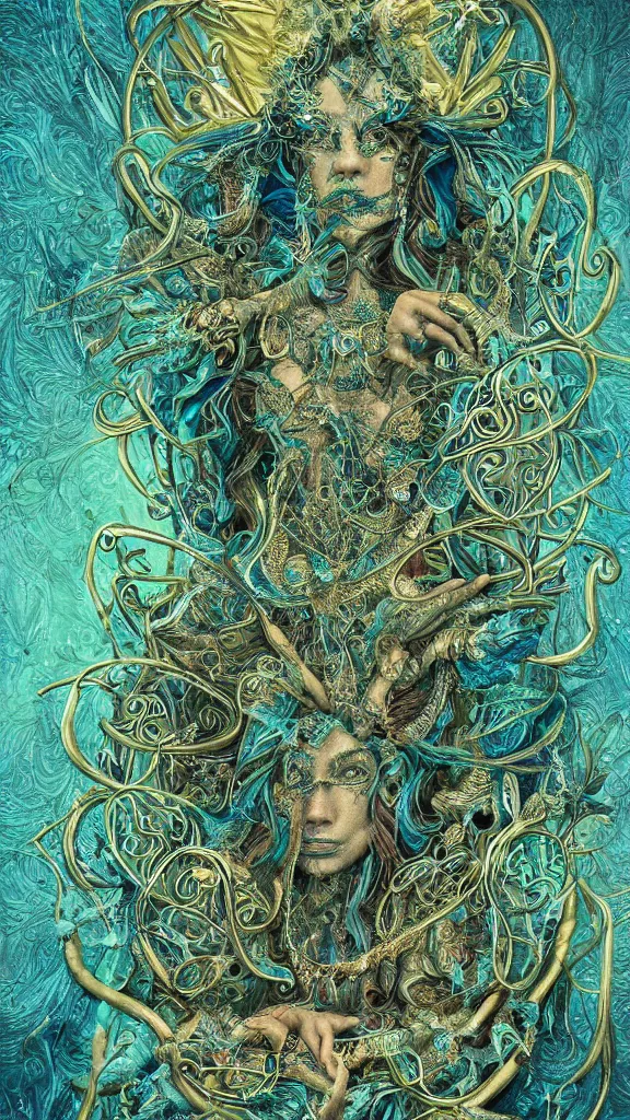 Prompt: Tarot card of the Cannabis Goddess, highly detailed portrait, psychedelic, high fantasy, teal paper, smoke swirls, ultra-detailed, ornate, elaborate, intricate metallic details, mixed media, realistic composition, point of interest at golden ratio, light from top, more darkness on bottom, high quality of sketching, highly detailed, octane render, 8k
