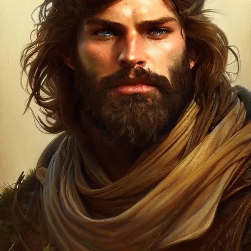 Image similar to Portrait of rugged male ranger, D&D, amber eyes, face, long hair, muscular, fantasy, intricate, elegant, highly detailed, digital painting, artstation, concept art, smooth, sharp focus, illustration, art by artgerm and greg rutkowski and alphonse mucha