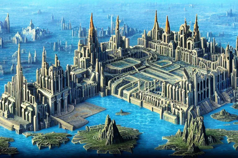 Image similar to a beautiful complex insanely detailed matte painting of the alien city of Atlantis with blue steel towers and an enormous palace cathedral by Heironymous Bosch, aerial view