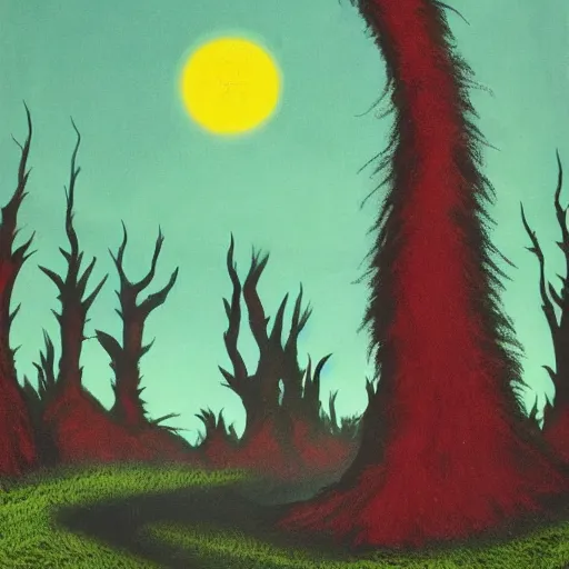 Image similar to dark painting of a landscape by dr seuss | horror themed | creepy