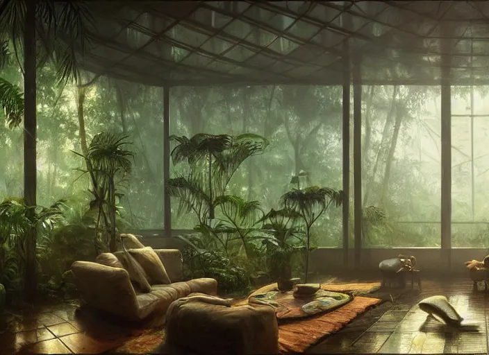 Image similar to a beautiful painting of the interior of a geodesic house in a moist tropical rainforest, living room, by greg rutkowski, realism, artstation, nature