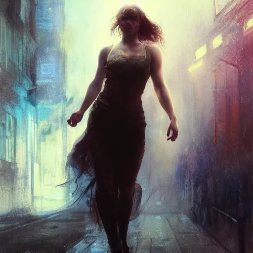 Image similar to florence pugh, hyperrealistic full figure, bladerunner street alley, art of elysium by frank frazetta and by jeremy mann and by alphonse mucha, fantasy art, photo realistic, dynamic lighting, artstation, full figure poster, volumetric lighting, very detailed face, 4 k, award winning