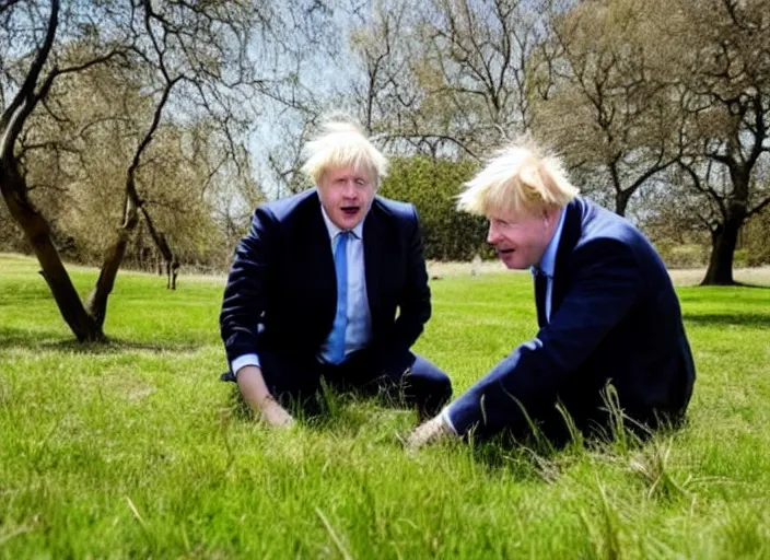 Prompt: photo still of boris johnson touching grass, 8 k, sunny day in a park, dead dry grass, dead trees