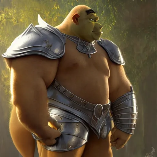 Image similar to shrek bare chested as a glorious devout shining powerful epic amazing awesome very handsome attractive muscular stylish knight in shining golden armor riding donkey, fantasy art, highly detailed, photorealistic, octane render, 8 k, unreal engine, art by artgerm and greg rutkowski and alphonse mucha