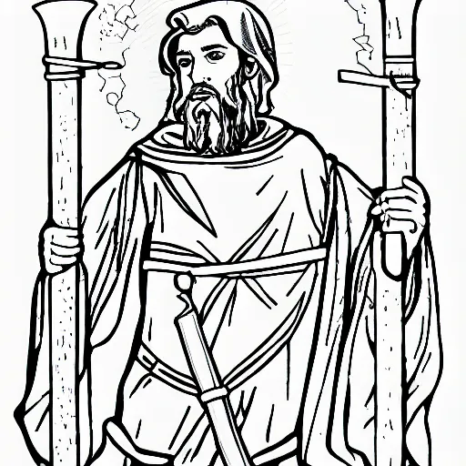 Image similar to coloring book sheet of a man in Biblical clothing holding a sword