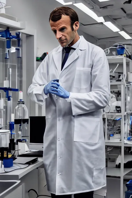 Image similar to emmanuel macron standing in a lab while wearing a lab coat and gloves, highly detailed, digital art, sharp focus, trending on art station
