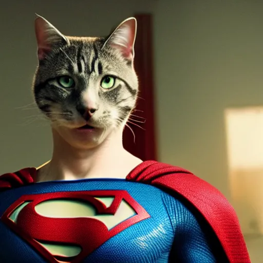 Image similar to movie still of superman with a cat head, 8 k, dof, film grain