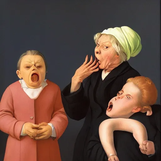 Prompt: a batshit crazy old woman yelling at the kids by Raphael, Hopper, and Rene Magritte. detailed, romantic, enchanting, trending on artstation.