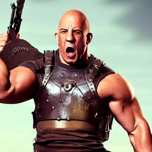 Prompt: highly detailed octane render of a close up portrait of Vin Diesel wearing a shirt and armour and screaming in a old school television