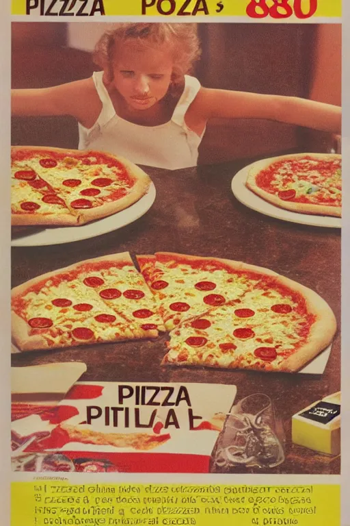 Prompt: pizza advert, from the 8 0 s, print on magazine