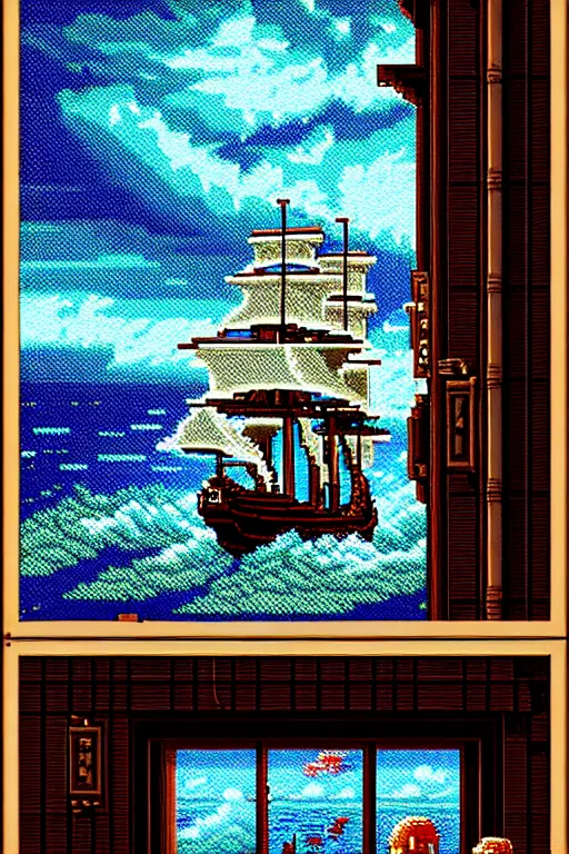 Image similar to view from the deck of the galleon during a storm, beautiful detailed pixelart by albertov, intricate details, beautiful, dithered gradients, volumetric lighting, cgsociety, artstation, smooth, sharp focus, 2 d illustration, amazing art by dan mumford, old school computer game graphics, crpg, d & d, pixel art