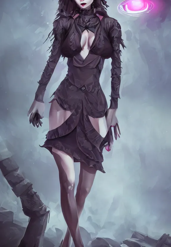 Image similar to mad necromancer seductive girl concept art, short dress, glowing eyes, symmetrical, rule of three, detailed body, full body, detailed face, ultradetailed digital illustration, 8 k, epic atmosphere, digital art by simon cowell
