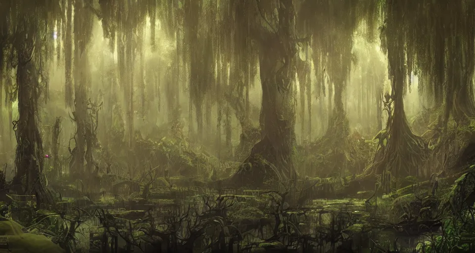 Image similar to A dense and dark enchanted forest with a swamp, by Disney Concept Artists